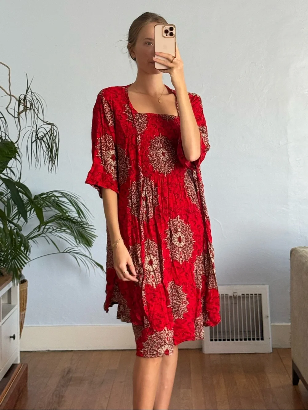 Thailand Red Printed Set, Robe and Matching MIDI Dress can be Strapless